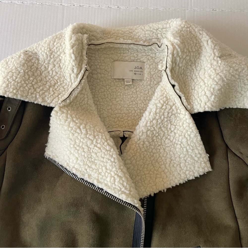 J.O.A. Olive Bomber Jacket withShearling Collar Faux Suede Sherpa Moto Cabincore - Picture 14 of 14